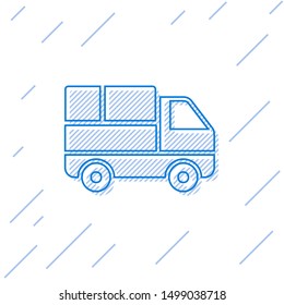 Blue line Delivery truck with cardboard boxes behind icon isolated on white background.  Vector Illustration