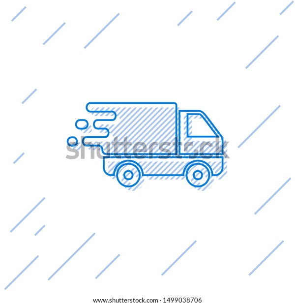 Blue\
line Delivery truck in movement icon isolated on white background.\
Fast shipping delivery truck.  Vector\
Illustration