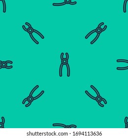 Blue line Dental pliers icon isolated seamless pattern on green background. Dental equipment.  Vector Illustration