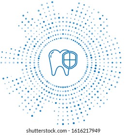 Blue line Dental protection icon isolated on white background. Tooth on shield logo. Abstract circle random dots. Vector Illustration