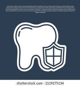 Blue line Dental protection icon isolated on blue background. Tooth on shield logo.  Vector