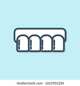 Blue line Dentures model icon isolated on blue background. Teeth of the upper jaw. Dental concept.  Vector Illustration