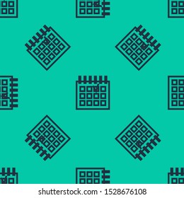 Blue line Detailed calendar icon isolated seamless pattern on green background. Event calendar.  Vector Illustration