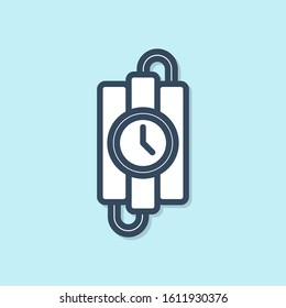Blue line Detonate dynamite bomb stick and timer clock icon isolated on blue background. Time bomb - explosion danger concept.  Vector Illustration