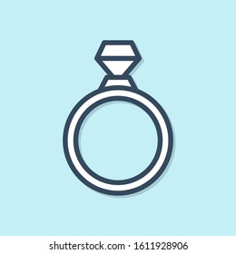 Blue line Diamond engagement ring icon isolated on blue background.  Vector Illustration