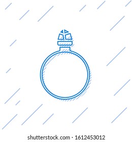 Blue line Diamond engagement ring icon isolated on white background.  Vector Illustration