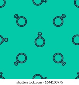 Blue line Diamond engagement ring icon isolated seamless pattern on green background.  Vector Illustration