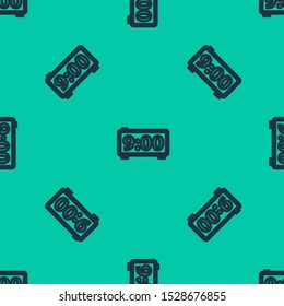Blue line Digital alarm clock icon isolated seamless pattern on green background. Electronic watch alarm clock. Time icon.  Vector Illustration
