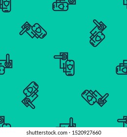 Blue line Digital door lock with wireless technology for lock icon isolated seamless pattern on green background. Door handle sign. Security smart home.  Vector Illustration