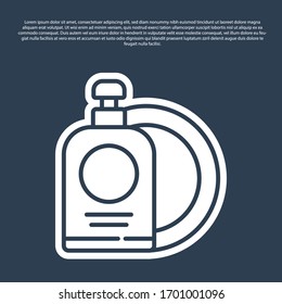Blue line Dishwashing liquid bottle and plate icon isolated on blue background. Liquid detergent for washing dishes. Vector Illustration