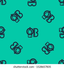 Blue line Diving mask and aqualung icon isolated seamless pattern on green background. Oxygen tank for diver. Extreme sport. Sport equipment.  Vector Illustration