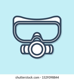 Blue line Diving mask icon isolated on blue background. Extreme sport. Sport equipment.  Vector Illustration
