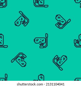 Blue line Diving mask and snorkel icon isolated seamless pattern on green background. Extreme sport. Diving underwater equipment.  Vector