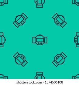 Blue line Diving watch icon isolated seamless pattern on green background. Diving underwater equipment.  Vector Illustration