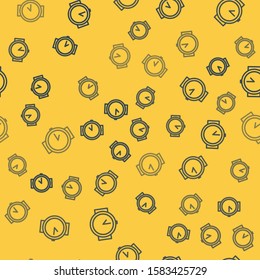 Blue line Diving watch icon isolated seamless pattern on yellow background. Diving underwater equipment.  Vector Illustration