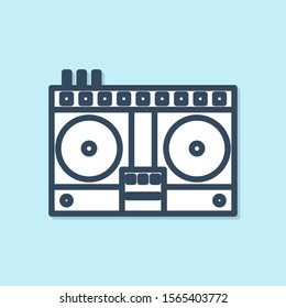 Blue line DJ remote for playing and mixing music icon isolated on blue background. DJ mixer complete with vinyl player and remote control.  Vector Illustration