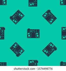 Blue line DJ remote for playing and mixing music icon isolated seamless pattern on green background. DJ mixer complete with vinyl player and remote control.  Vector Illustration