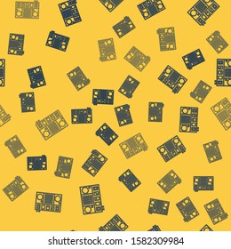 Blue line DJ remote for playing and mixing music icon isolated seamless pattern on yellow background. DJ mixer complete with vinyl player and remote control.  Vector Illustration