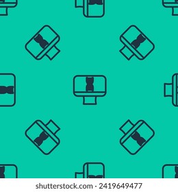 Espiral de ADN de línea azul e icono de monitor de computadora aislado patrón sin fisuras en fondo verde. Arte de malla de investigación de tecnología médica poligonal. Ilustración vectorial