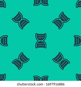 Blue line DNA symbol icon isolated seamless pattern on green background.  Vector Illustration