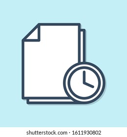 Blue line Document with clock icon isolated on blue background. Document and countdown, deadline, schedule, planning symbol.  Vector Illustration