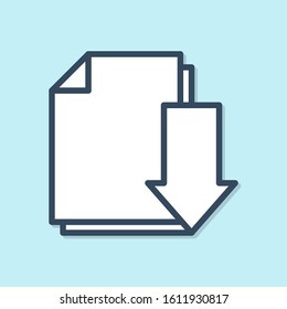 Blue line Document with download icon isolated on blue background. File document symbol.  Vector Illustration