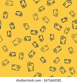 Blue line Document folder and check mark icon isolated seamless pattern on yellow background. Checklist icon. Business concept.  Vector Illustration