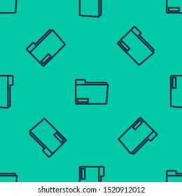 Blue line Document folder icon isolated seamless pattern on green background. Accounting binder symbol. Bookkeeping management.  Vector Illustration