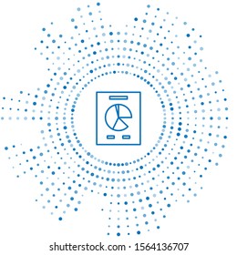 Blue line Document with graph chart icon isolated on white background. Report text file icon. Accounting sign. Audit, analysis, planning. Abstract circle random dots. Vector Illustration