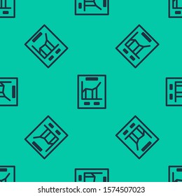 Blue line Document with graph chart icon isolated seamless pattern on green background. Report text file icon. Accounting sign. Audit, analysis, planning.  Vector Illustration