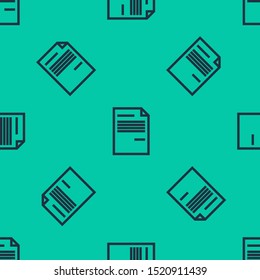 Blue line Document icon isolated seamless pattern on green background. File icon. Checklist icon. Business concept.   Vector Illustration