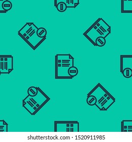 Blue line Document with minus icon isolated seamless pattern on green background. Clear document. Remove file document. Delete information file.  Vector Illustration