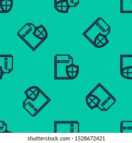 Blue line Document protection concept icon isolated seamless pattern on green background. Confidential information and privacy idea, secure, guard, shield.  Vector Illustration