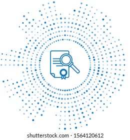 Blue line Document with search icon isolated on white background. File and magnifying glass icon. Analytics research sign. Abstract circle random dots. Vector Illustration
