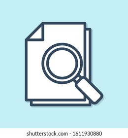 Blue line Document with search icon isolated on blue background. File and magnifying glass icon. Analytics research sign.  Vector Illustration