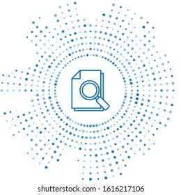 Blue line Document with search icon isolated on white background. File and magnifying glass icon. Analytics research sign. Abstract circle random dots. Vector Illustration