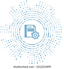Blue line Document settings with gears icon isolated on white background. Software update, transfer protocol, teamwork tool management. Abstract circle random dots. Vector Illustration