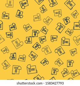 Blue line Document with shield icon isolated seamless pattern on yellow background. Insurance concept. Security, safety, protection, protect concept.  Vector Illustration