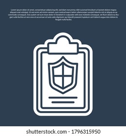 Blue line Document with shield icon isolated on blue background. Insurance concept. Security, safety, protection, protect concept. Vector.