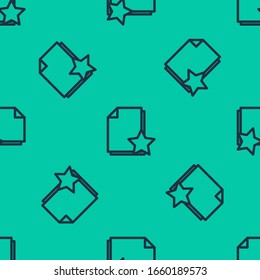 Blue line Document with star icon isolated seamless pattern on green background. Document best, favorite, rating symbol.  Vector Illustration