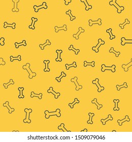 Blue line Dog bone icon isolated seamless pattern on yellow background. Pets food symbol.  Vector Illustration