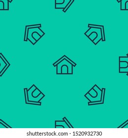 Blue line Dog house icon isolated seamless pattern on green background. Dog kennel.  Vector Illustration