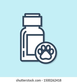 Blue Line Dog Medicine Bottle Icon Isolated On Blue Background. Container With Pills. Prescription Medicine For Animal.  Vector Illustration