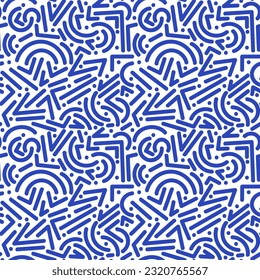 Blue line doodle seamless pattern, creative minimalist style abstract background with basic shapes