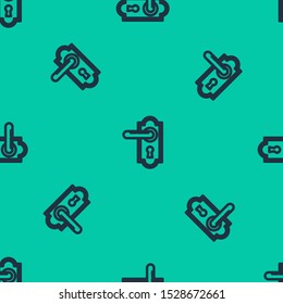 Blue line Door handle icon isolated seamless pattern on green background. Door lock sign.  Vector Illustration