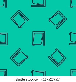 Blue line Door for pet icon isolated seamless pattern on green background.  Vector Illustration