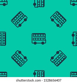 Blue line Double decker bus icon isolated seamless pattern on green background. London classic passenger bus. Public transportation symbol.  Vector Illustration