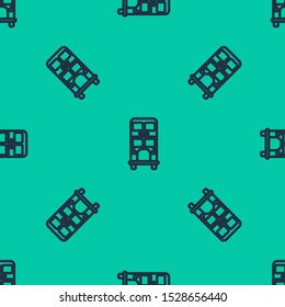 Blue line Double decker bus icon isolated seamless pattern on green background. London classic passenger bus. Public transportation symbol.  Vector Illustration