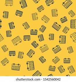 Blue line Double decker bus icon isolated seamless pattern on yellow background. London classic passenger bus. Public transportation symbol.  Vector Illustration