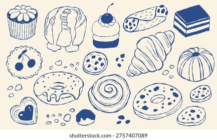 Blue line drawing of assorted sweet treats. Includes cupcakes, croissants, donuts, and layered cakes. Design feels cheerful and whimsical. Perfect for recipe books, bakery ads, or dessert menus